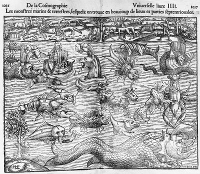 セバスチャン・ミュンスター（1489-1552）による『Cosmographia Universalis』の挿絵「海と陸の怪物」。 作： Sebastian Munster