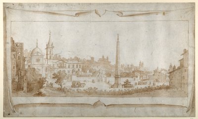 ポポロ門内のローマの風景とピンチオの風景を描いた正面図のデザイン（紙にペン・インク・ウォッシュ 作： Sebastian Vrancx