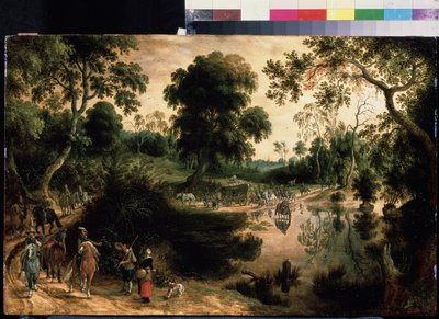 軍の護衛付きの旅行。 Sebastiaen Vrancx (1574-1647) による絵画。 木に油彩、38.5 x 59 cm、1610 年頃。フランダース美術、バロック美術。 プーシキン美術館、モスクワ。 作： Sebastian Vrancx
