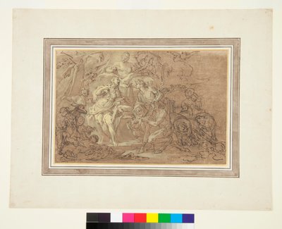 バッカスとアリアドネ c.1715 （茶色の地に黒チョークの上にペンとインク 作： Sebastiano Conca