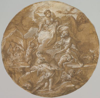 バルカンの鍛冶場でのヴィーナス レクト、2 つのプッティ ヴァーソとのスケッチ、ca. 1716-18。 作： Sebastiano Conca