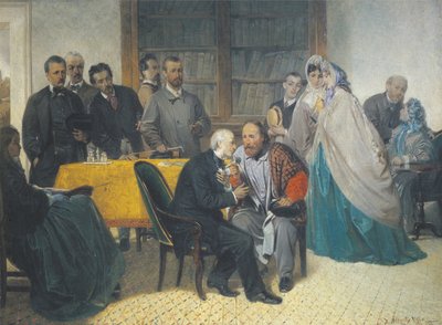 1862年3月15日、アレッサンドロ・マンゾーニを訪れたジュゼッペ・ガリバルディ 作： Sebastiano de Albertis