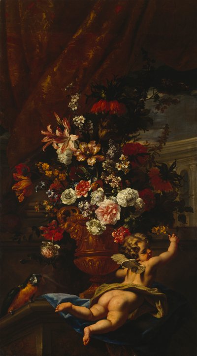 キューピッドと花（キャンバスに油彩） 作： Sebastiano & Monnoyer J B (1636 99) Ricci