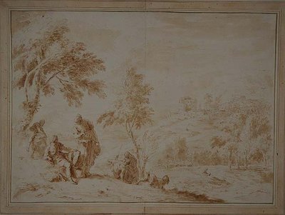 丘陵地のある広大な牧歌的風景、1720年頃（茶色のインク＆ウォッシュ） 作： Sebastiano Ricci