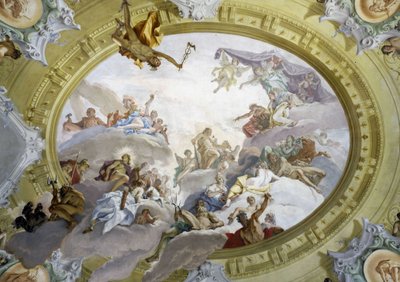 ヘラクレスの神格化。セバスティアーノ・リッチ（1659-1734）によるフレスコ画。マルチェッリ・フェンシ宮殿、フィレンツェ。 作： Sebastiano Ricci