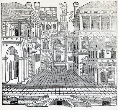 セバスティアーノ・セッリオ（1475-1554）による演劇の場面デザイン「魔法の場面」（『建築論』第2巻の挿絵 作： Sebastiano Serlio