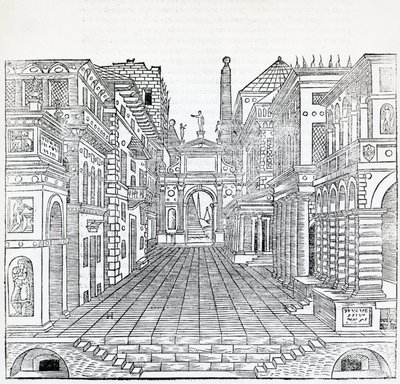 セバスティアーノ・セッリオ（1475-1554）による演劇の場面デザイン「魔法の場面」（『建築論』第2巻の挿絵 作： Sebastiano Serlio