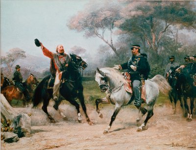 ジュゼッペ・ガリバルディ（1807-1882）とヴィットリオ・エマヌエーレ2世（ヴィクトル・エマヌエル）との会見 1860年10月26日 サヴォイからテアノへ セバスティアーノ・デ・アルベルティス（1828-1897）による絵画 19世紀 ミラノ、リソルジメント博物館（Museo del Risorgimento 作： Sebastiano de Albertis