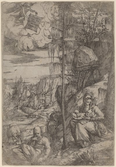 エジプトへの逃亡中の休息のある風景 作： Sebastiano de Valentinis