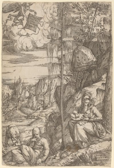 エジプトへの逃亡中の休息のある風景 作： Sebastiano de Valentinis