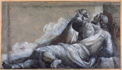 寝そべっている使徒（カルタ・アッズーラに黒チョーク、茶のウォッシュ 作： Sebastiano del (c.1485 1547) Piombo