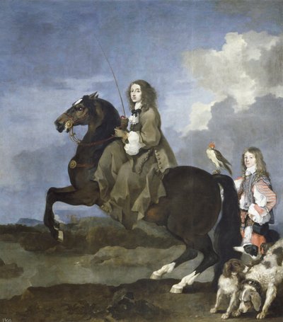 Portrait de Christine de Suede a cheval (1626-1689), reine de Suede - Christina of Sweden (1626-1689) on Horseback - Peinture de Sebastien Bourdon (1616-1671) 作： Sébastien Bourdon