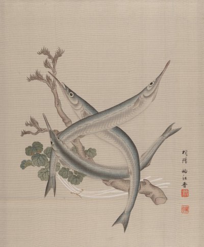 三匹の魚と枝、約。 1890-92。 作： Seki Shuko