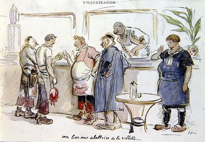 1925-30年頃、ヴィレットの屠殺場のバー（カラーリトグラフ） 作： Sem