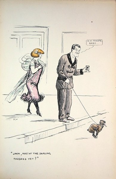 犬が用を足すのを待つカップル、1921年頃（カラーリトグラフ） 作： Sem