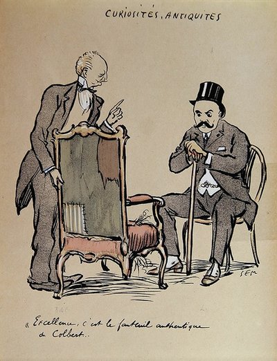 コルベールが所有していたとされる椅子を視察するリッチなアートコレクター 1919年頃（カラーリトグラフ） 作： Sem