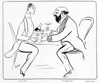 セム（1863 - 1934）が描いた、カフェでのニジンスキーとガブリエル・アストリの漫画。 作： Sem