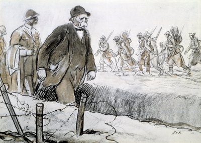第一次世界大戦：正面を訪れたクレマンソー(1841-1929)のケーシングの中の肖像。ジョルジュ・グーサット・ディ・セム（1863-1934）によるデッサン 作： Sem