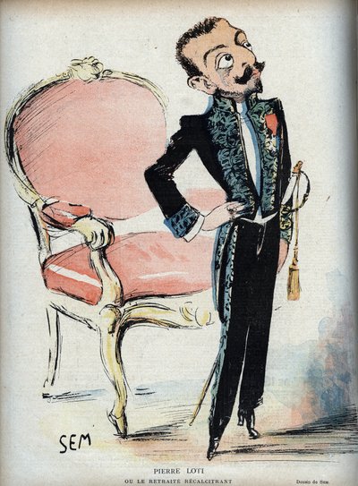 Pierre Loti (1850-1923) or the recalcitrant retreat - (the green dress of the French Academy) - SEM (Georges Goursat) (1863-1934)による「Le rire de 1898 -」の中の風刺画。 作： Sem