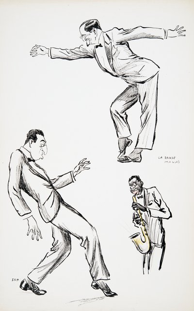 パブのWhite Bottomsから、黒のネクタイを着た2人の紳士がサックスにLa Danse Havasを演奏します。 1927年（カラーブロックプリント）、ホワイトボトムス、パブ。 1927（カラーブロックプリント） 作： Sem