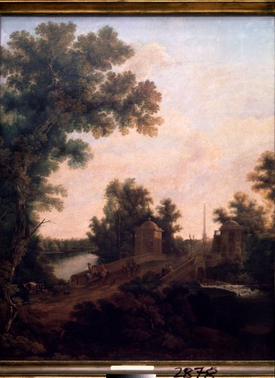 ガッチナ宮殿公園のストーン ブリッジ。 (サンクトペテルブルク)。 Semyon Fyodorovich Shchedrin (Semion Shchedrin) (1745-1804) による絵画、キャンバスに油彩 作： Semen Fedorovich Shchedrin