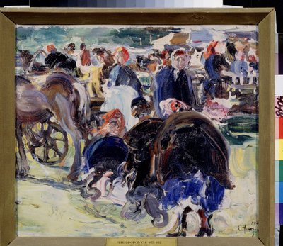 フェア（フェア）。 農民の女性とトレーダーがいる地方の市場。 Semyon Gavrilovich Nikiforov（1877-1912）による絵画、キャンバスに油彩 作： Semen Gavriilovich Nikiforov