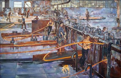 Le plan quinquennal - レニングラード・パー・パブロフ、セミョン・アンドレーヴィッチ (1893-1941) にある「レッド・ネイル・メーカーズ」工場の熱間圧延ワークショップ。 キャンバスに油彩、サイズ：181x270 作： Semyon Andreevich Pavlov