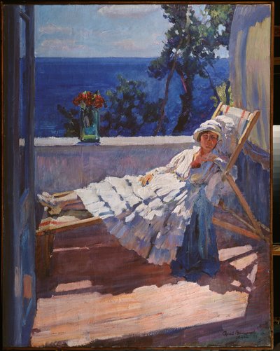 バルコニーの女性 - セルゲイ・アルセニエヴィチ・ヴィノグラドフ (1869-1938) の絵画、キャンバスに油彩 作： Sergei Arsenevich Vinogradov