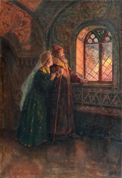 1903年、モスクワ大火の際の皇帝アレクセイ・ミハイロヴィチとマリア・ミロスラフスカヤ 作： Sergei Semyonovich Yegornov