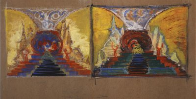 オペラステージのデザイン：N.リムスキーコルサコフ作「黄金の雄鶏」 作： Sergei Vasilievich Malyutin