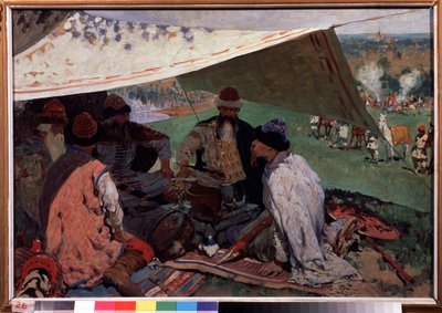 ロシア王子の大会。 中世のテントの下でのリウリキッド王朝の王子たちの会合。 Sergei Vasilyvich Ivanov (1864-1910) の絵画、キャンバスに油彩 作： Sergej Vasilevic Ivanov