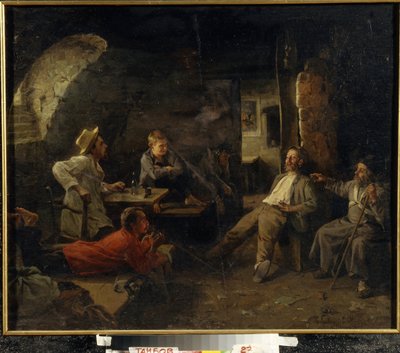 ナイトアサイラム（ドスハウス）。 避難所の住民同士の会話。 Sergey Ivanovich Krivolutsky（1869-1922）による絵画、キャンバスに油彩 作： Sergey Ivanovich Krivolutsky