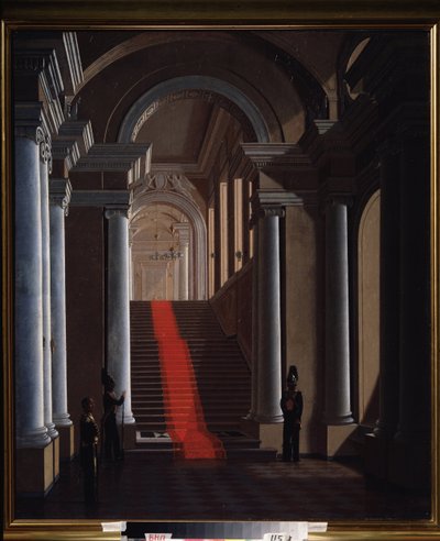 サンクトペテルブルクのアニチコフ宮殿の階段。 Sergey (Sergei, Sergei) Konstantinovich Zaryanko (Zarianko) (1818-1870) による絵画、キャンバスに油彩 作： Sergey Konstantinovich Zaryanko