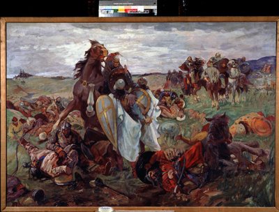 ロシア人とタタール人との戦い（タルタル）（ロシア人とタタール人との戦い）。 Sergei Nikolayevich Arkhipov (1881-after 1936) による絵画。 キャンバスに油彩 作： Sergey Nikolayevich Arkhipov