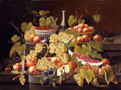 果物とシャンパンのある静物、 作： Severin Roesen