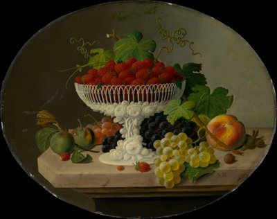 1865〜70年のコンポートでのイチゴのある静物。 作： Severin Roesen
