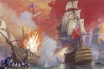 ナポレオン戦争中のイギリスとフランスの海戦（紙にガッシュ） 作： セヴェリーノ・バラルディ