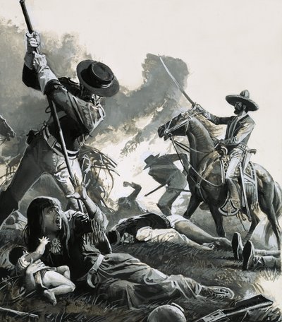 1858年、メキシコ騎兵隊の2部隊がアパッチ族のキャンプを攻撃した。 作： セヴェリーノ・バラルディ