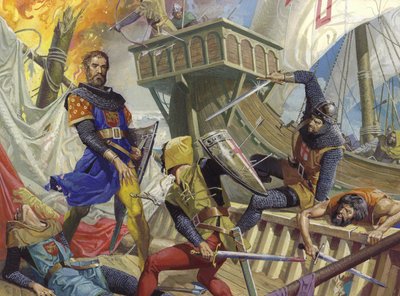ジェノヴァ人に捕らえられたマルコ・ポーロ、20世紀（紙にグワッシュ） 作： Severino Baraldi