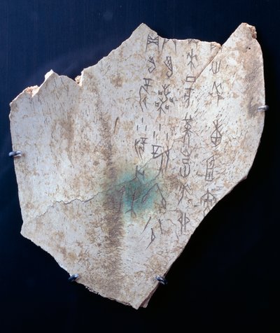 危険を回避する儀式を行っている牛の肩甲骨のピクトグラム（骨 作： Shang Dynasty Chinese School