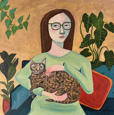 猫と過ごすほっこりした女性 作： Sharyn Bursic
