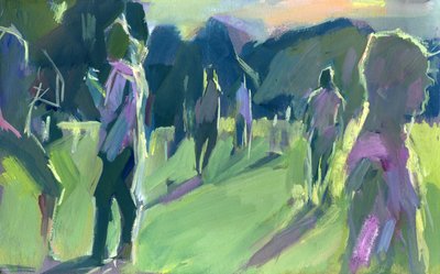 公園、夕方、2024年（紙にグワッシュ） 作： Shaun Carey