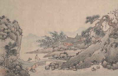 男渡り橋のある風景。 作： Shen Zhou