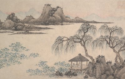 パビリオンと柳のある風景。 作： Shen Zhou