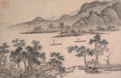ヨットのある風景します。 作： Shen Zhou