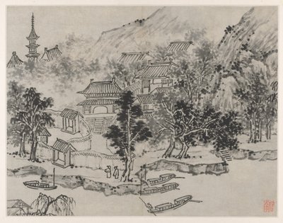 蘇州タイガーヒルの12の景色：1490年後の係留運河からのタイガーヒルの遠景。 作： Shen Zhou