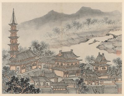蘇州、虎丘の12の景色：1490年後の千仏堂と塔。 作： Shen Zhou
