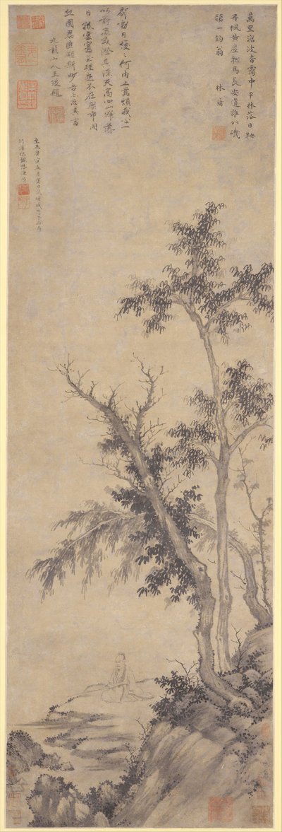 1350 年の秋の木での世捨て人釣り。 作： Sheng Mou
