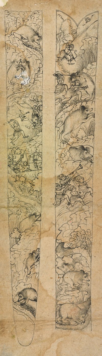 イノシシを狩るラージャ、鞘のデザイン、1750〜1760年頃（紙に不透明な水彩画） 作： Shevdar (attr.to) Gangeyagi