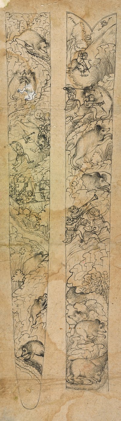 イノシシを狩るラージャ、鞘のデザイン。 1750～1760年。 作： Shevdar Gangeyagi